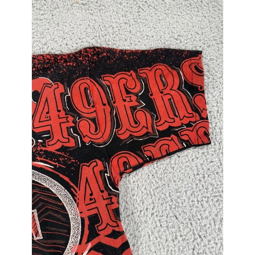Vintage 90s San Francisco 49ers Magic Johnson T-Shirt Mens XL Black Red AOP Logo